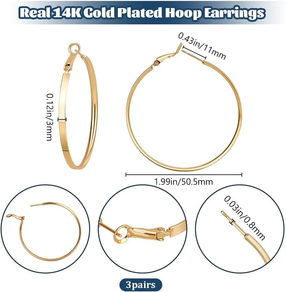 Beebeecraft 1 Box 3 Pairs Earrings Loops for Women Real 14K Gold Plated Brass Large Circle Round Hoop Earrings Metal Lightweight Chunky Earrings Oversize Gold Earrings Set 50mm