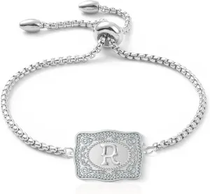 Belt Buckle Bracelet with Initial Silver Western Cow Tag Bracelet Adjustable Mini Initial Letter A-Z Bracelets Western Cowboy Personalized Jewelry for Women