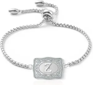 Belt Buckle Bracelet with Initial Silver Western Cow Tag Bracelet Adjustable Mini Initial Letter A-Z Bracelets Western Cowboy Personalized Jewelry for Women