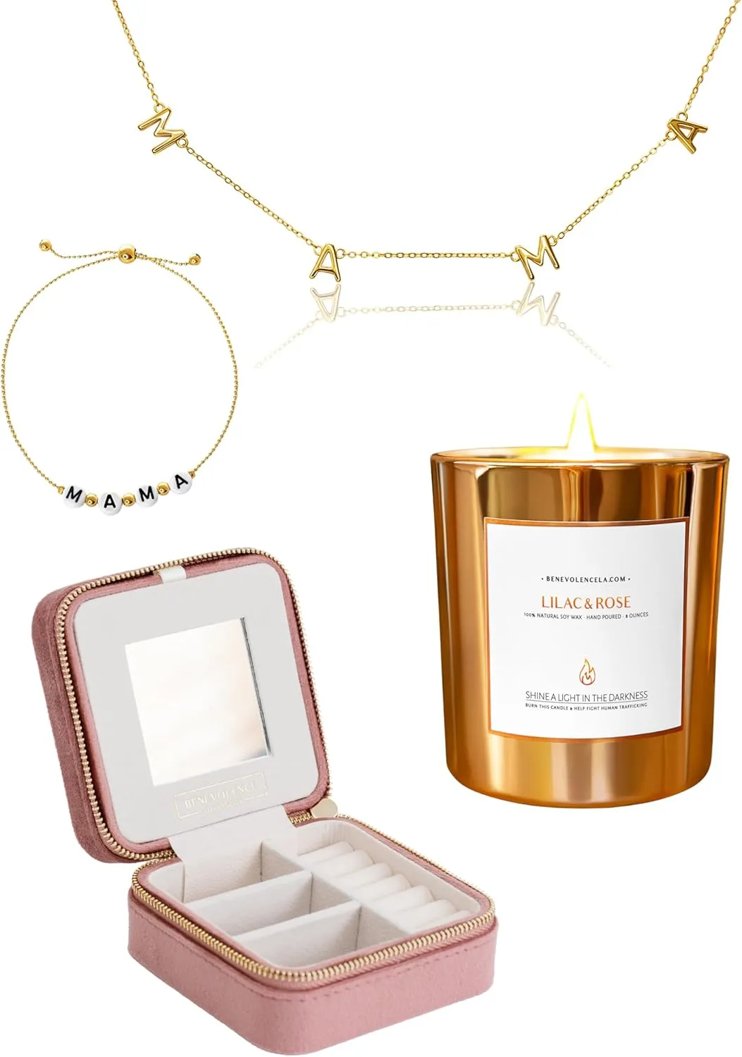 Benevolence LA Mama Gift Set | Travel Jewelry Case - Dusty Pink, MAMA Necklace & MAMA Bracelet, Lilac & Rose Scented Candle, 8 oz | Mom Gift Box, Mother's Day Gifts for Mom