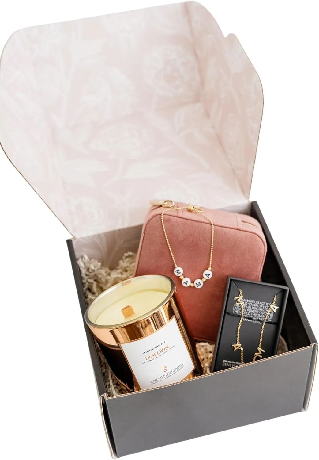 Benevolence LA Mama Gift Set | Travel Jewelry Case - Dusty Pink, MAMA Necklace & MAMA Bracelet, Lilac & Rose Scented Candle, 8 oz | Mom Gift Box, Mother's Day Gifts for Mom