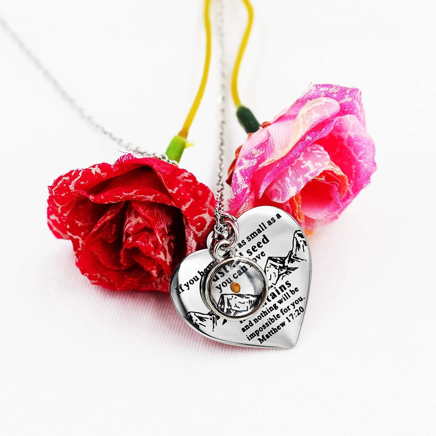 Bible Verse Cross Heart Double Sided Necklace If You Have Faith as Small as Mustard Seed You Can Move Mountains Matthew 17:20