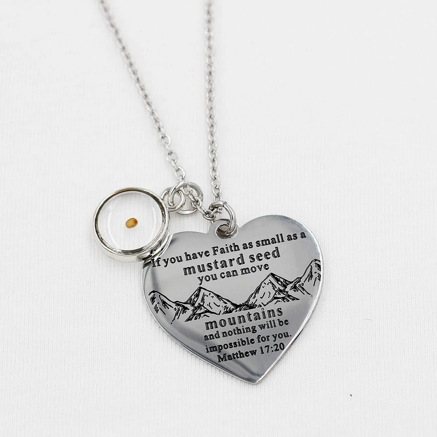 Bible Verse Cross Heart Double Sided Necklace If You Have Faith as Small as Mustard Seed You Can Move Mountains Matthew 17:20