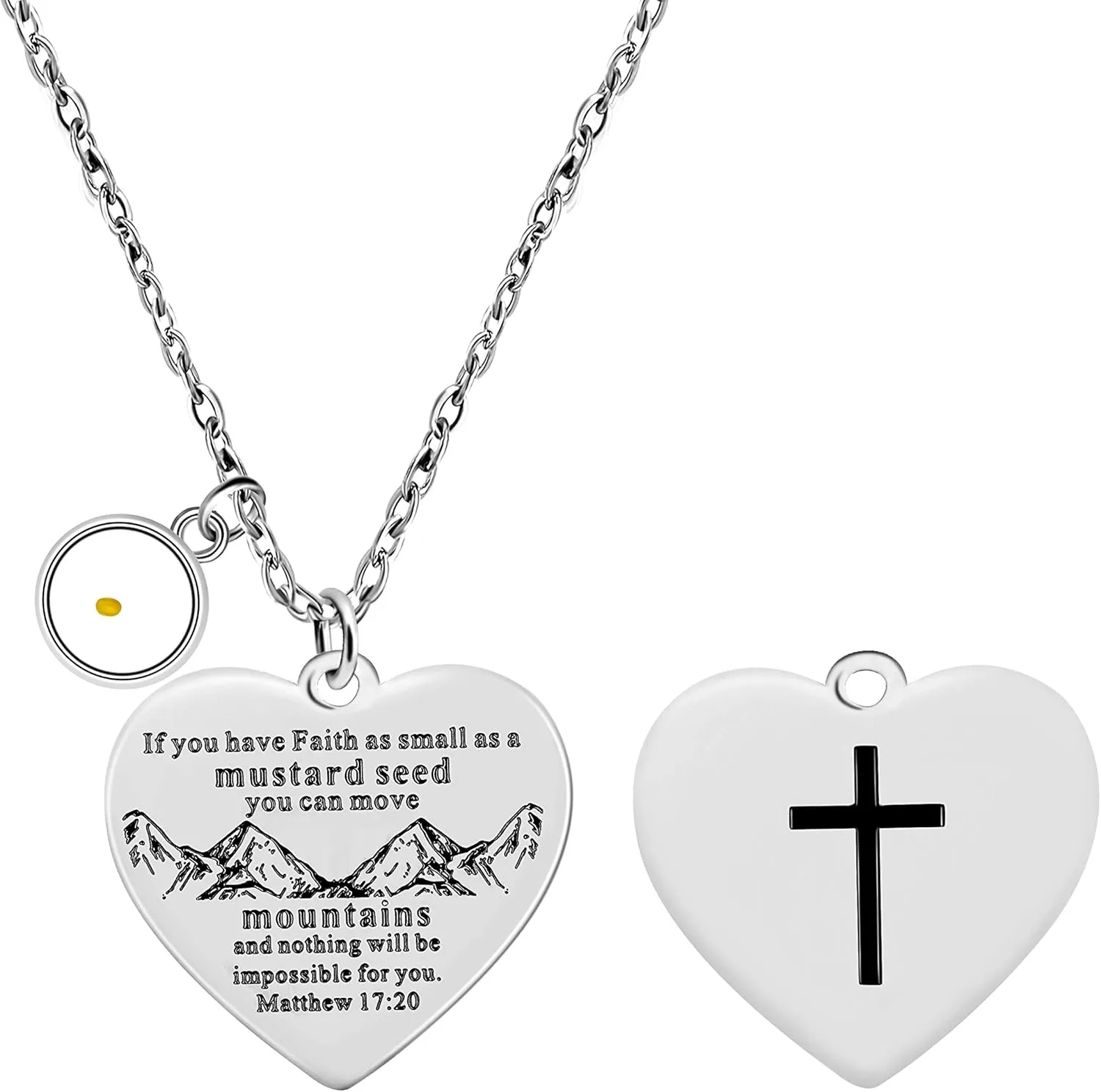Bible Verse Cross Heart Double Sided Necklace If You Have Faith as Small as Mustard Seed You Can Move Mountains Matthew 17:20