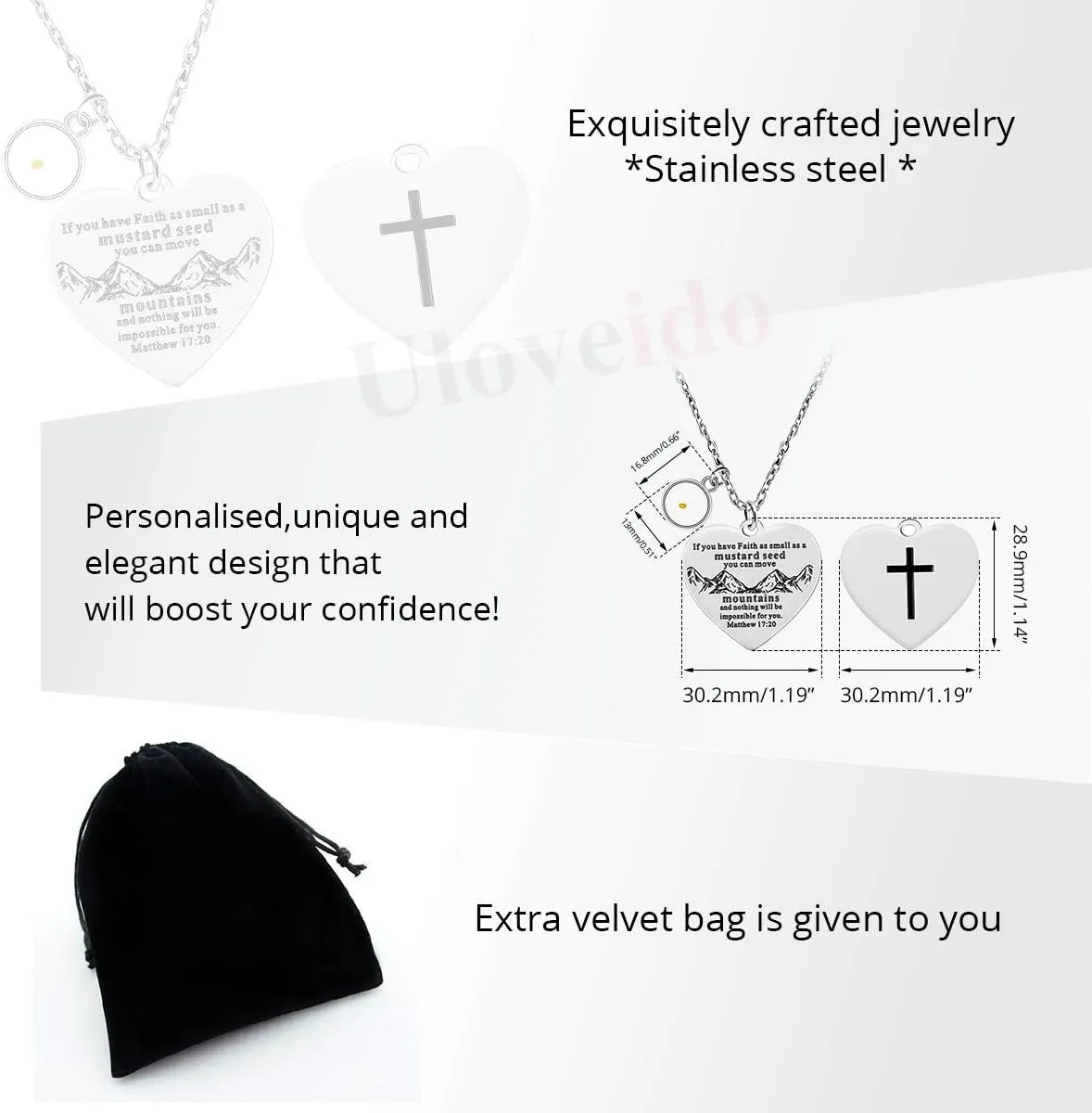 Bible Verse Cross Heart Double Sided Necklace If You Have Faith as Small as Mustard Seed You Can Move Mountains Matthew 17:20