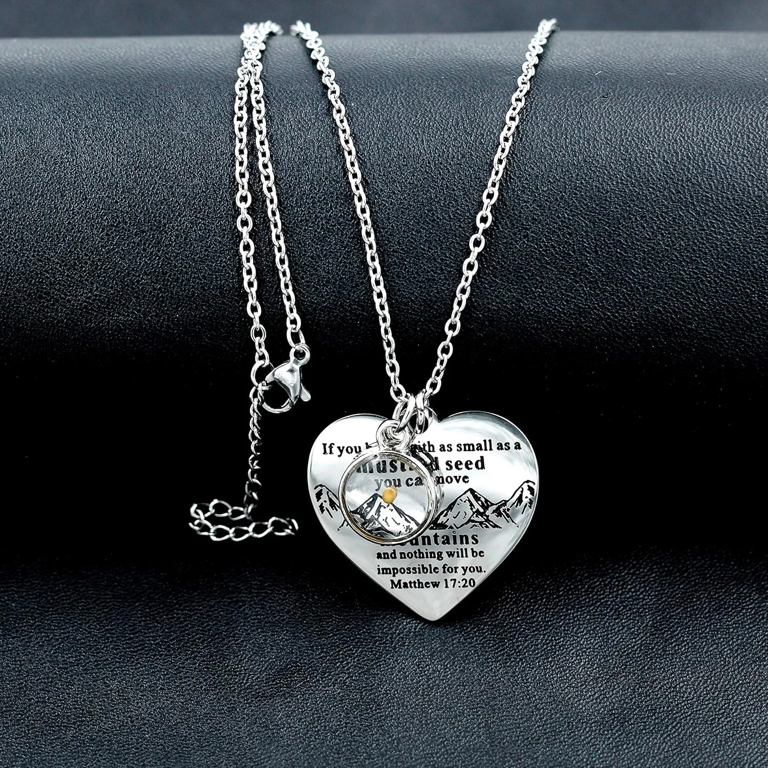 Bible Verse Cross Heart Double Sided Necklace If You Have Faith as Small as Mustard Seed You Can Move Mountains Matthew 17:20