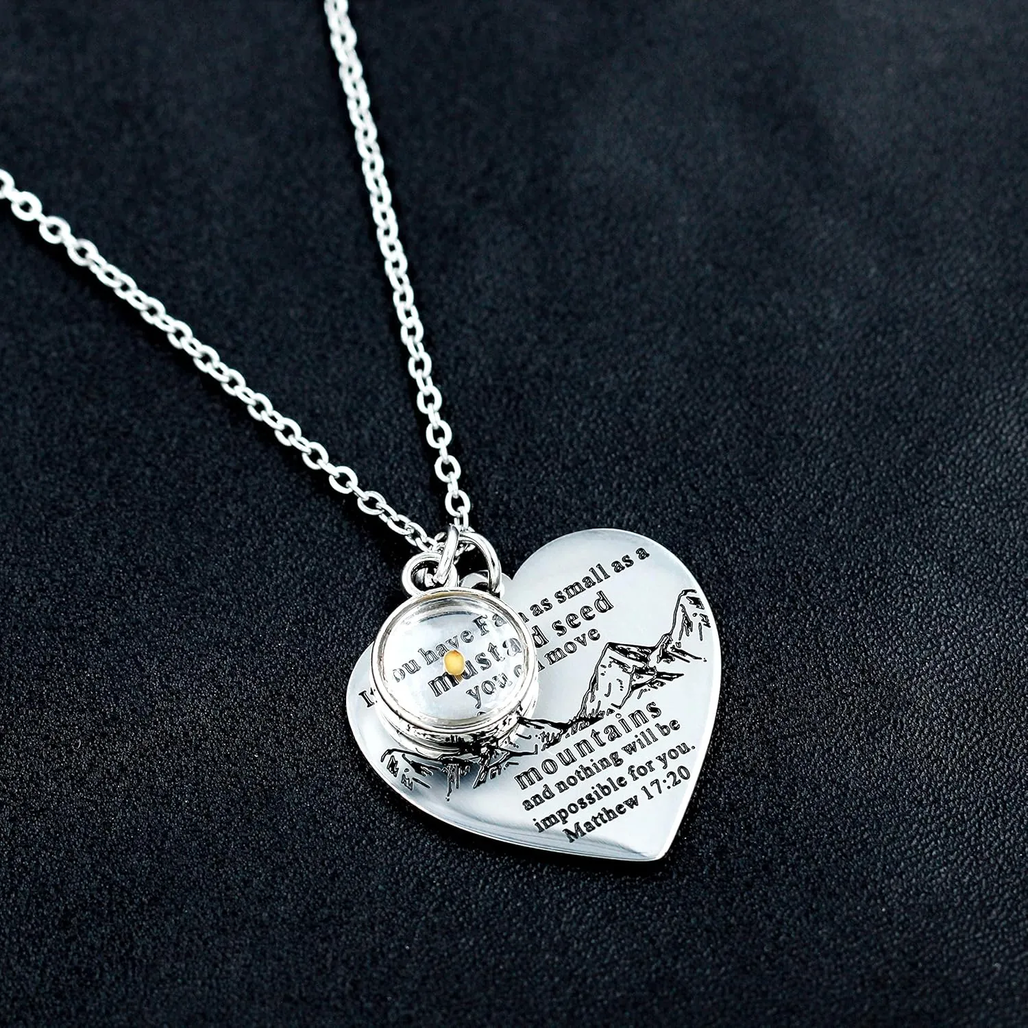 Bible Verse Cross Heart Double Sided Necklace If You Have Faith as Small as Mustard Seed You Can Move Mountains Matthew 17:20