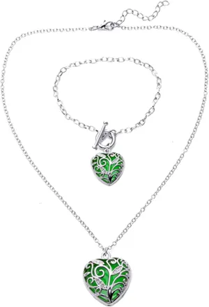 Big Heart Locket Glow in the Dark Necklace and Bracelet Set plated Jewelry Pendant Steampunk Fairy Magical (Green)