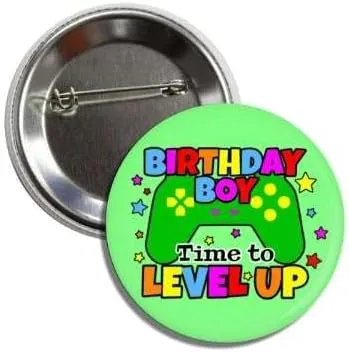 Birthday Boy Level Up Gaming Button Pin, 2.25 Inches, Green Video Game Controller Design Birthday Badge