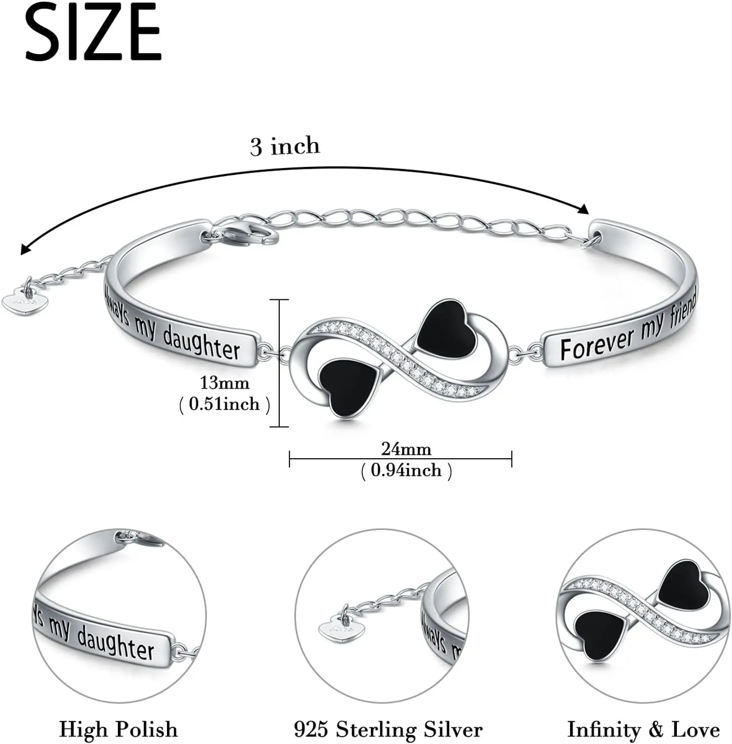 Birthday Gifts Inspirational Infinity Bracelet Engraved Love Message Adjustable Bangle Sister Mother Daughter Lover Bracelets 925 Sterling Silver Family Jewelry for Women Girls