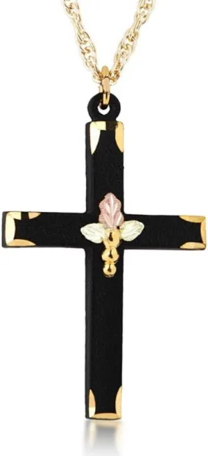 Black Powder Coated Cross Pendant Necklace, 10k Yellow Gold, 12k Green and Rose Gold Black Hills Gold Trim Accents with 20 Inch Chain in Jewelry Gift Box