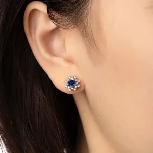 Blue Sapphire Sterling Silver Stud Earrings For Women Flower Hypoallergenic handmade Dainty Classy Nickle Free Light Weight Comfortable June Birthstone Earrings Jewelry Gift For Her Keenove