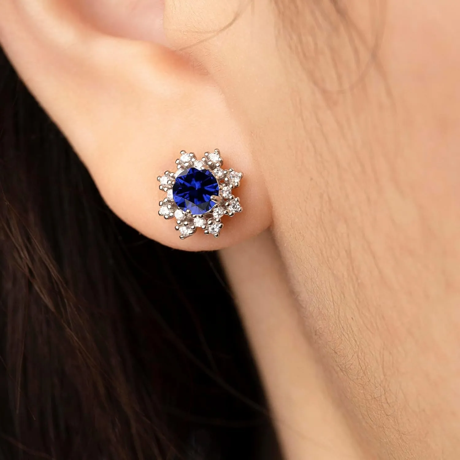 Blue Sapphire Sterling Silver Stud Earrings For Women Flower Hypoallergenic handmade Dainty Classy Nickle Free Light Weight Comfortable June Birthstone Earrings Jewelry Gift For Her Keenove