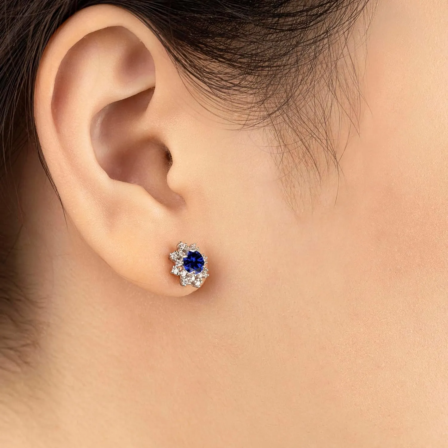 Blue Sapphire Sterling Silver Stud Earrings For Women Flower Hypoallergenic handmade Dainty Classy Nickle Free Light Weight Comfortable June Birthstone Earrings Jewelry Gift For Her Keenove