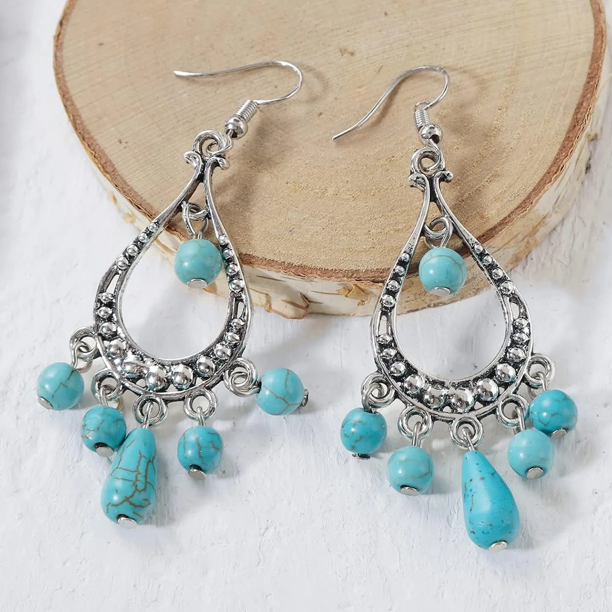 Bohemian Simulated Turquoise Drop Earrings.Vintage Silver Dangle Earrings Fashion Waterdrop Dangling Jewelry Gifts for Women