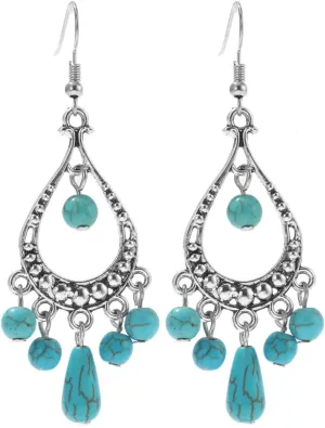 Bohemian Simulated Turquoise Drop Earrings.Vintage Silver Dangle Earrings Fashion Waterdrop Dangling Jewelry Gifts for Women