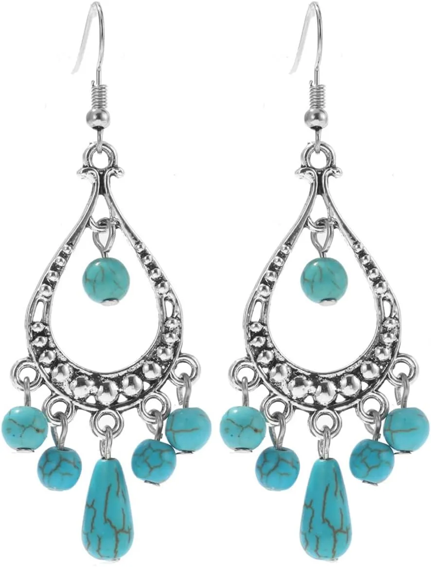 Bohemian Simulated Turquoise Drop Earrings.Vintage Silver Dangle Earrings Fashion Waterdrop Dangling Jewelry Gifts for Women