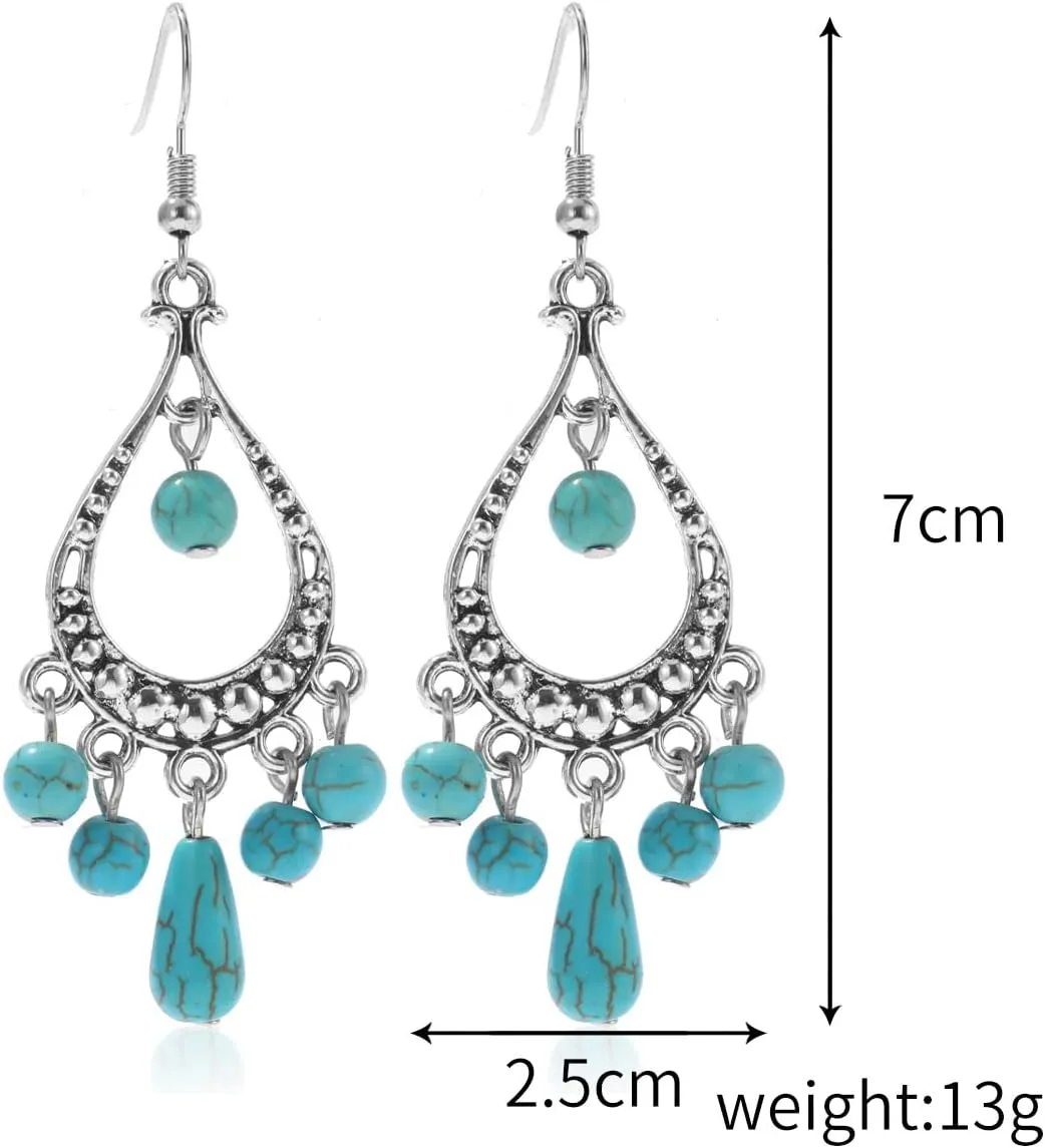 Bohemian Simulated Turquoise Drop Earrings.Vintage Silver Dangle Earrings Fashion Waterdrop Dangling Jewelry Gifts for Women