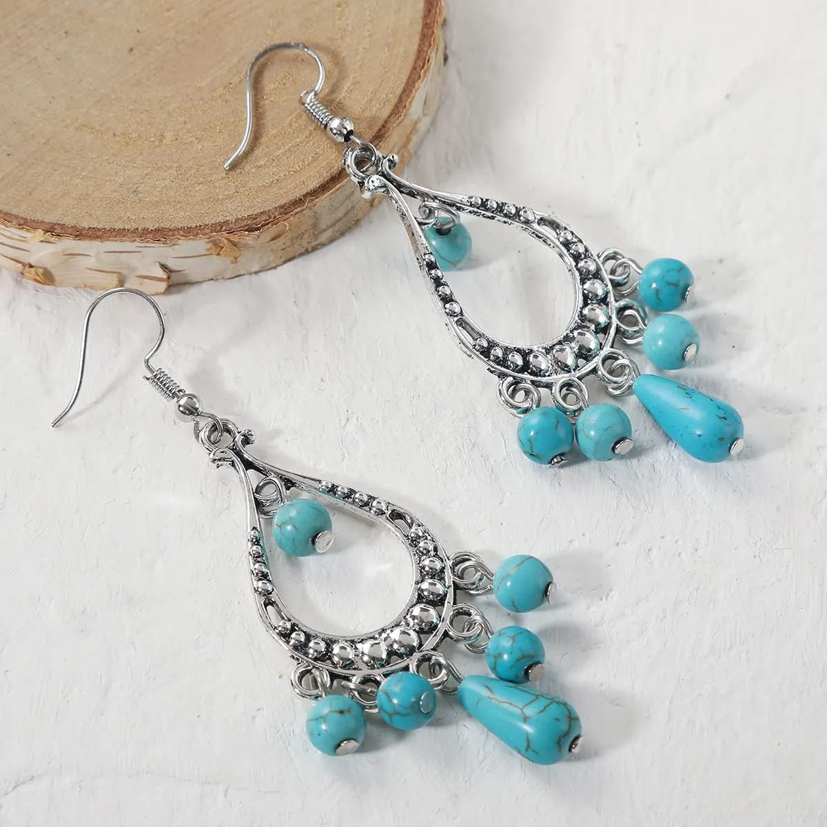 Bohemian Simulated Turquoise Drop Earrings.Vintage Silver Dangle Earrings Fashion Waterdrop Dangling Jewelry Gifts for Women