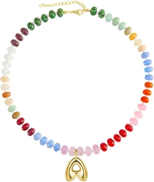 Boho Colorful Beaded Necklace with Gold Bubble Letter A-Z Pendant,Handmade Trendy Summer Beach Initial Necklace Chain,14K Gold-Plated Natural Stone Choker, Perfect Festival Jewelry Gift for Women