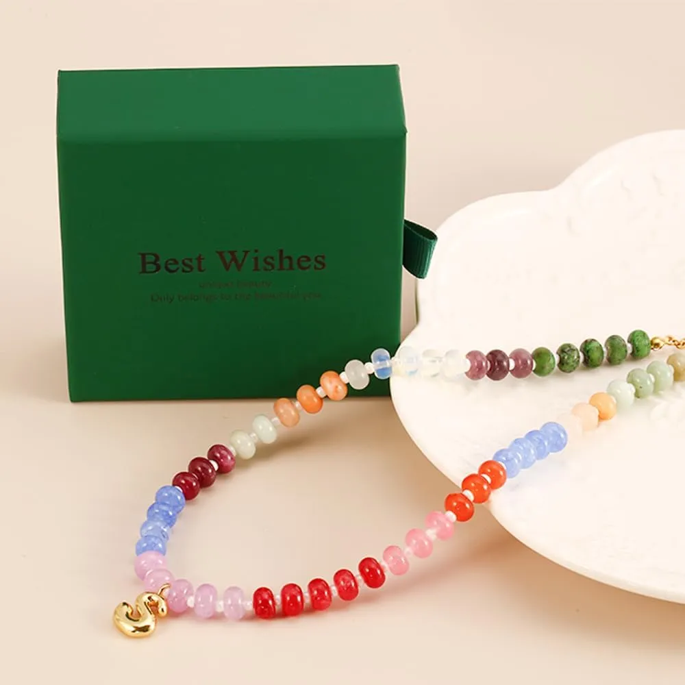 Boho Colorful Beaded Necklace with Gold Bubble Letter A-Z Pendant,Handmade Trendy Summer Beach Initial Necklace Chain,14K Gold-Plated Natural Stone Choker, Perfect Festival Jewelry Gift for Women