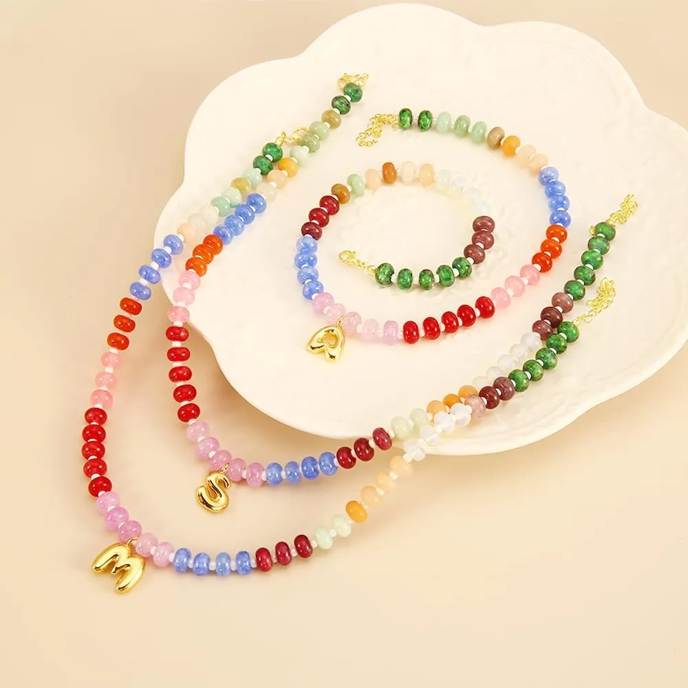 Boho Colorful Beaded Necklace with Gold Bubble Letter A-Z Pendant,Handmade Trendy Summer Beach Initial Necklace Chain,14K Gold-Plated Natural Stone Choker, Perfect Festival Jewelry Gift for Women