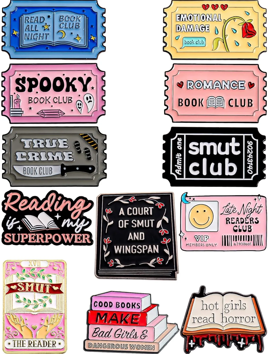 Book Enamel Pins Set  Literary-Themed Lapel Pins for Romance, Smut, Horror  Metal Collectible Accessories for Book Clubs, Readers, and BookTok Lovers  12-Pack