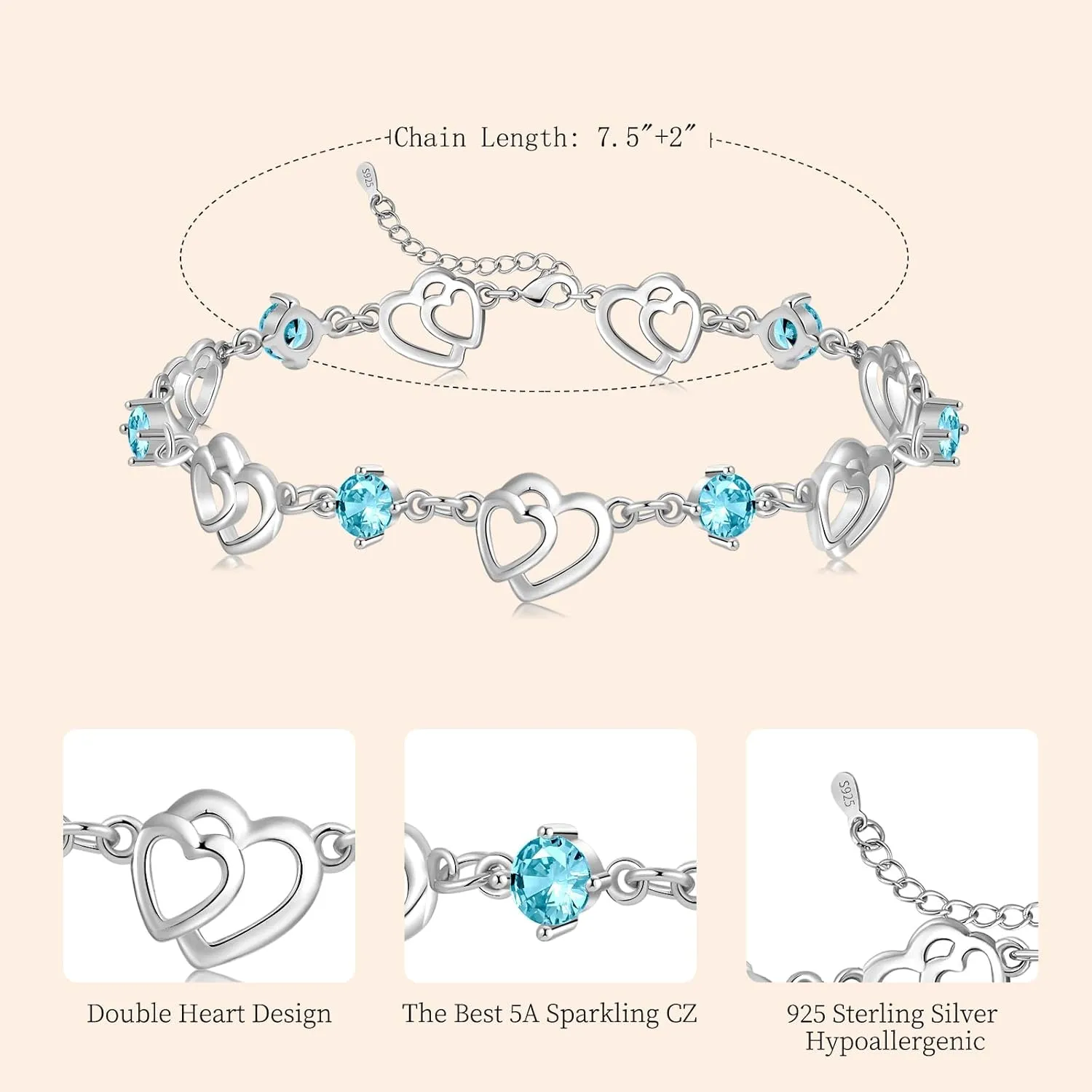 Bracelets for Women Sterling Silver Plated Rose Gold Bracelet Love Heart Bracelet Trendy Dainty Gift for Ladies Wife Bride Sister Friend Anniversary Birthday Mothers Day Valentines Gifts for Her