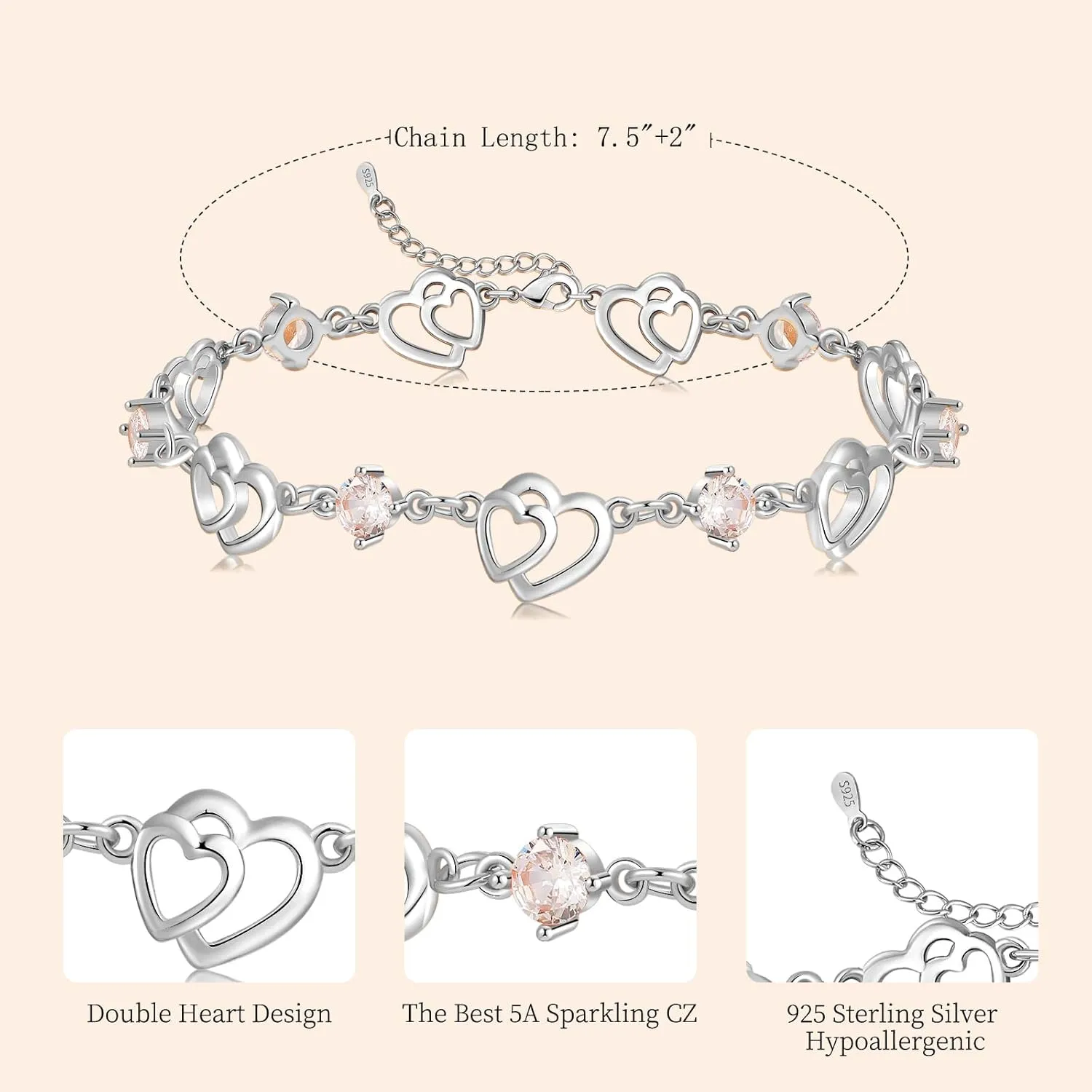 Bracelets for Women Sterling Silver Plated Rose Gold Bracelet Love Heart Bracelet Trendy Dainty Gift for Ladies Wife Bride Sister Friend Anniversary Birthday Mothers Day Valentines Gifts for Her