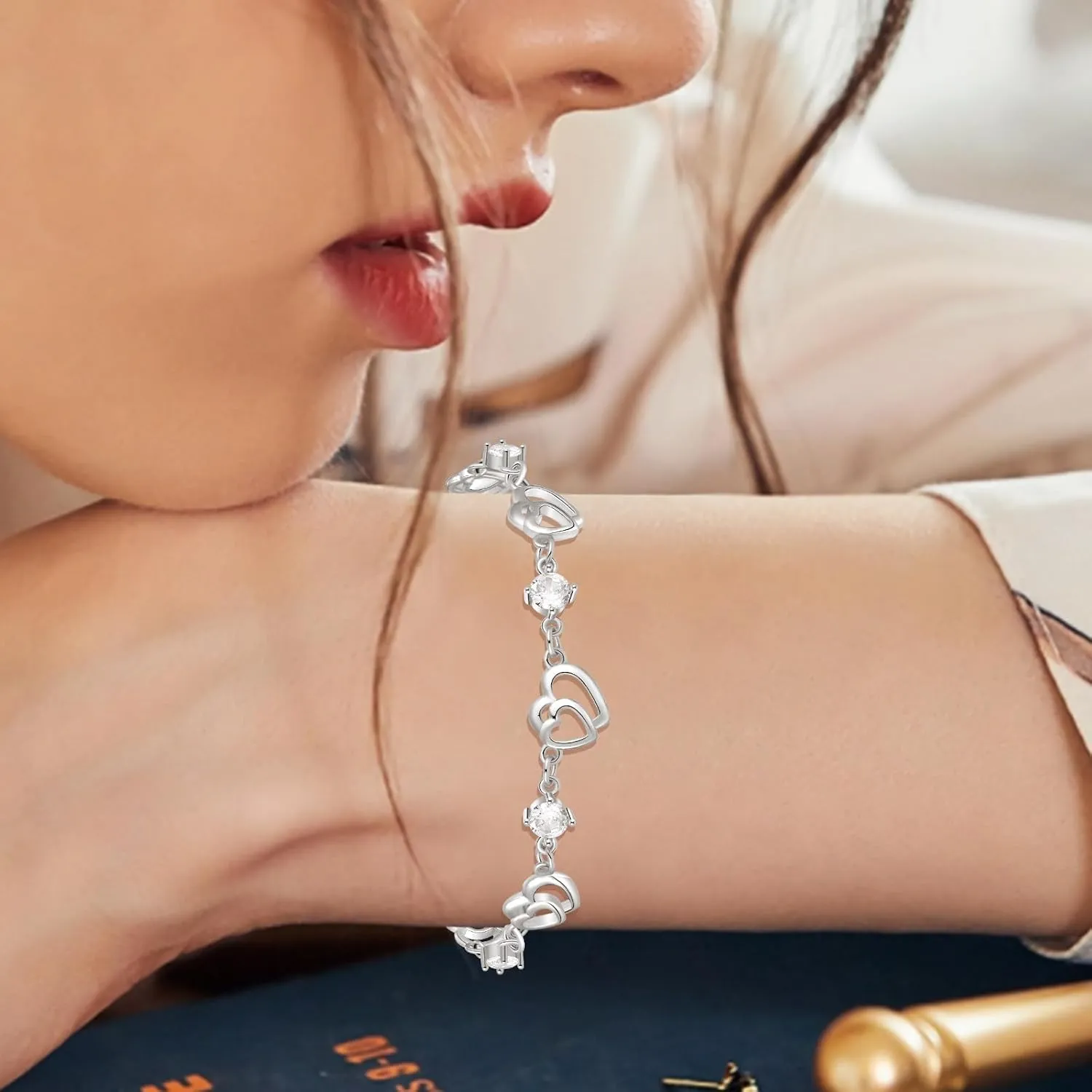 Bracelets for Women Sterling Silver Plated Rose Gold Bracelet Love Heart Bracelet Trendy Dainty Gift for Ladies Wife Bride Sister Friend Anniversary Birthday Mothers Day Valentines Gifts for Her