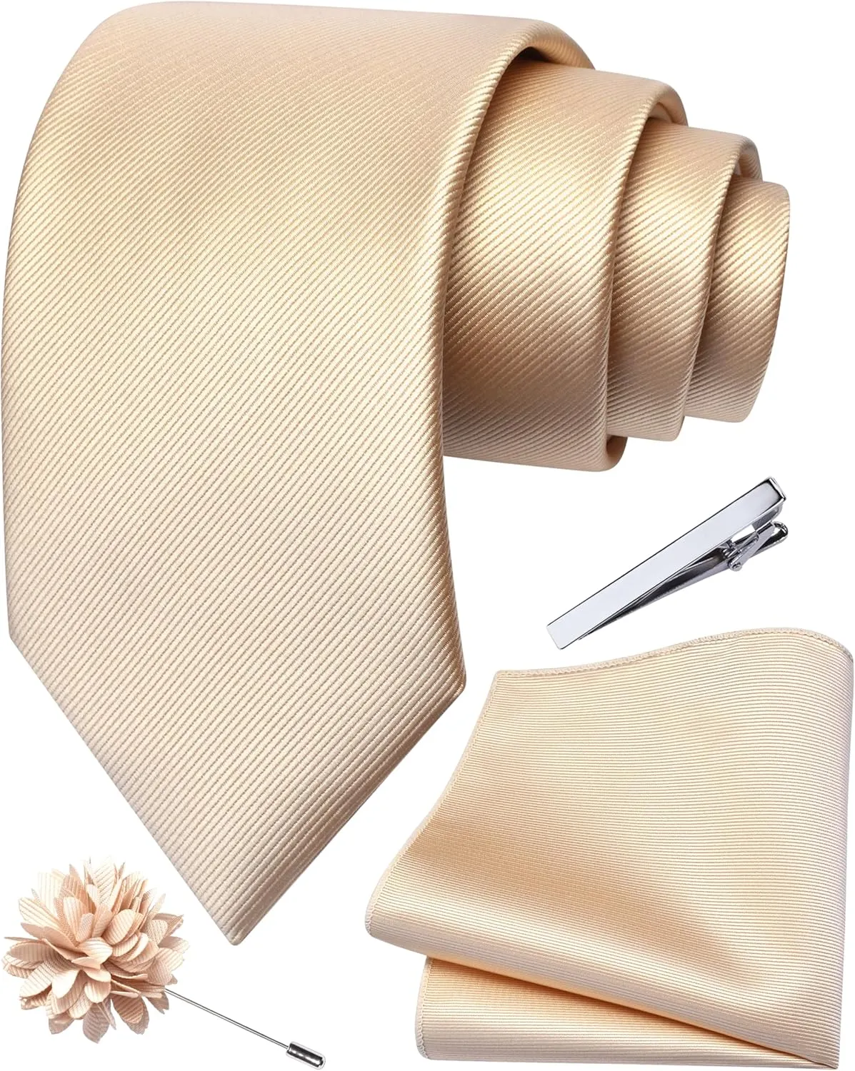 Branduce 3.15"8cm Solid Formal Tie and Pocket Square Plain Necktie Lapel Pin and Tie Clip Set for Men