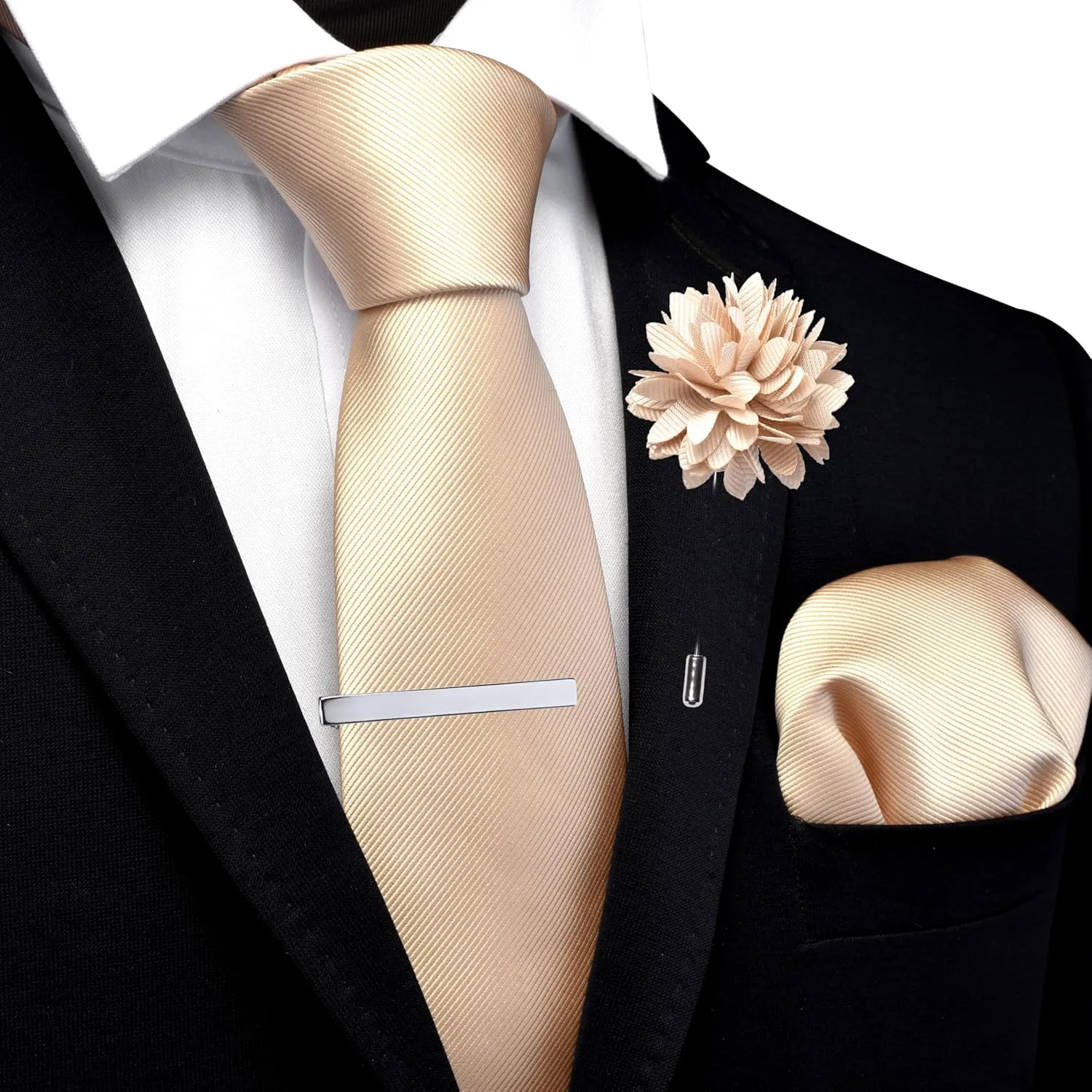 Branduce 3.15"8cm Solid Formal Tie and Pocket Square Plain Necktie Lapel Pin and Tie Clip Set for Men