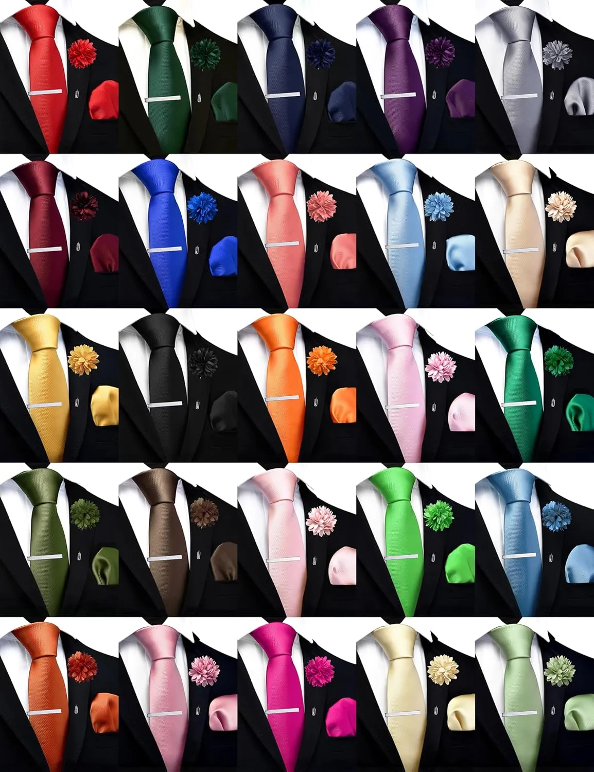 Branduce 3.15"8cm Solid Formal Tie and Pocket Square Plain Necktie Lapel Pin and Tie Clip Set for Men
