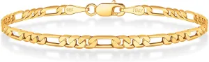 BRIJEWNES Figaro Chain Bracelet for Men & Women 3mm 18K Gold Plated Chain Bracelet 6.5-9 Inches, 925 Sterling Silver Clasp Durable, Unisex Jewelry Gift for Him or Her