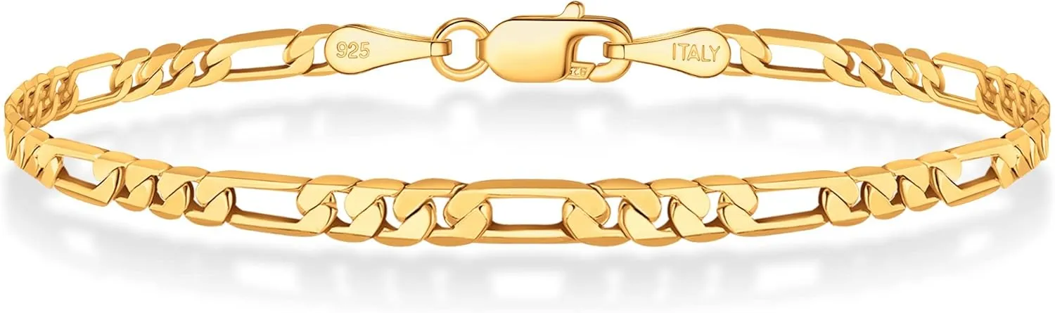 BRIJEWNES Figaro Chain Bracelet for Men & Women 3mm 18K Gold Plated Chain Bracelet 6.5-9 Inches, 925 Sterling Silver Clasp Durable, Unisex Jewelry Gift for Him or Her