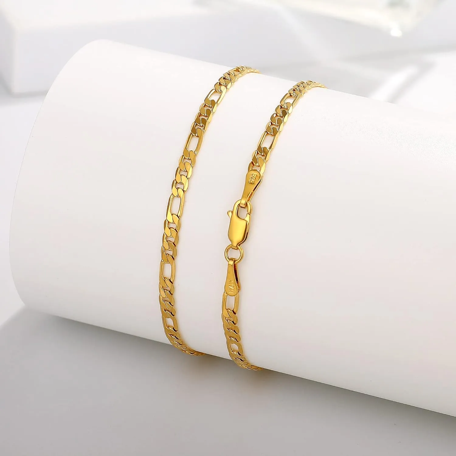 BRIJEWNES Figaro Chain Bracelet for Men & Women 3mm 18K Gold Plated Chain Bracelet 6.5-9 Inches, 925 Sterling Silver Clasp Durable, Unisex Jewelry Gift for Him or Her