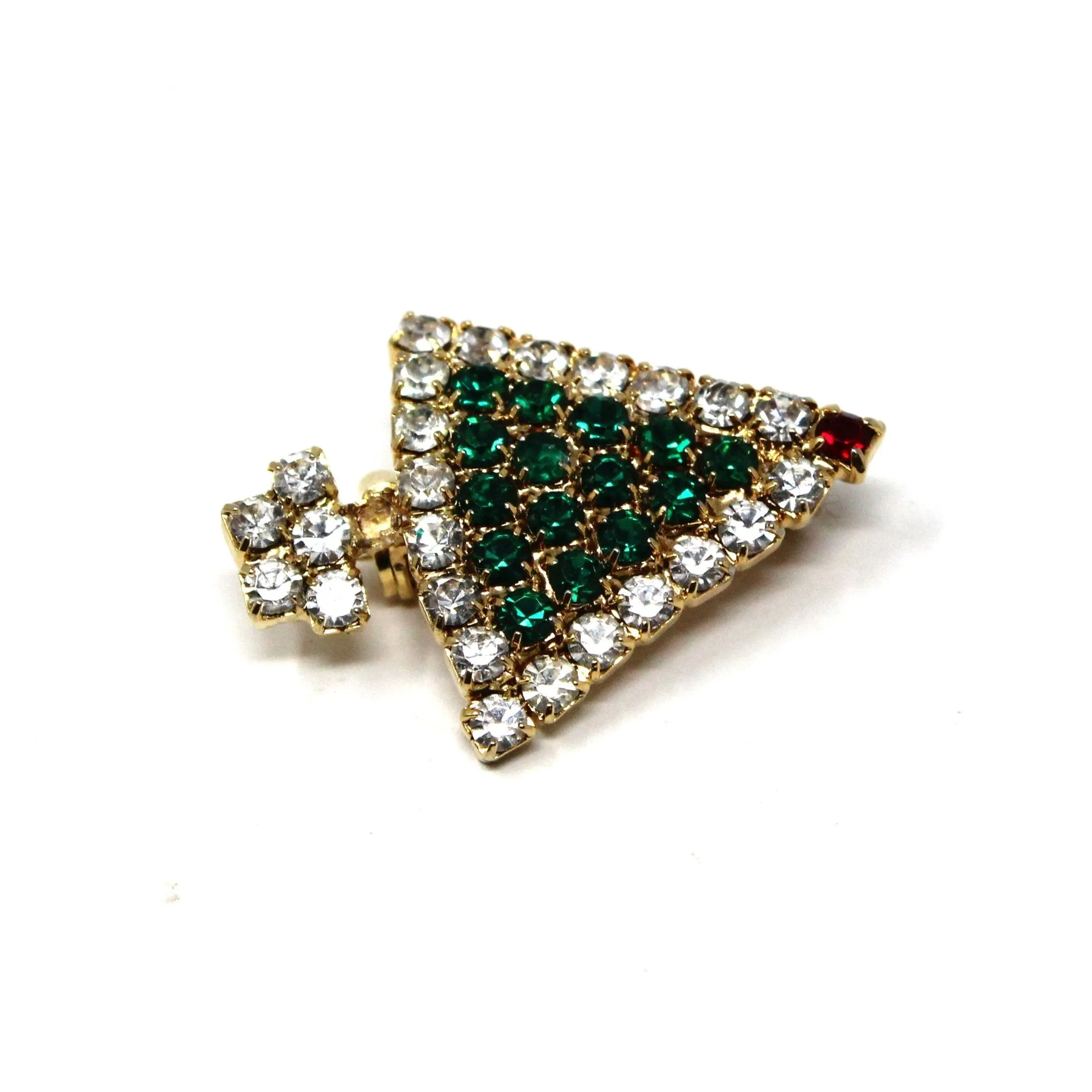 Brooch / Pin, Christmas Tree, Green, Red & Clear Rhinestones, Vintage