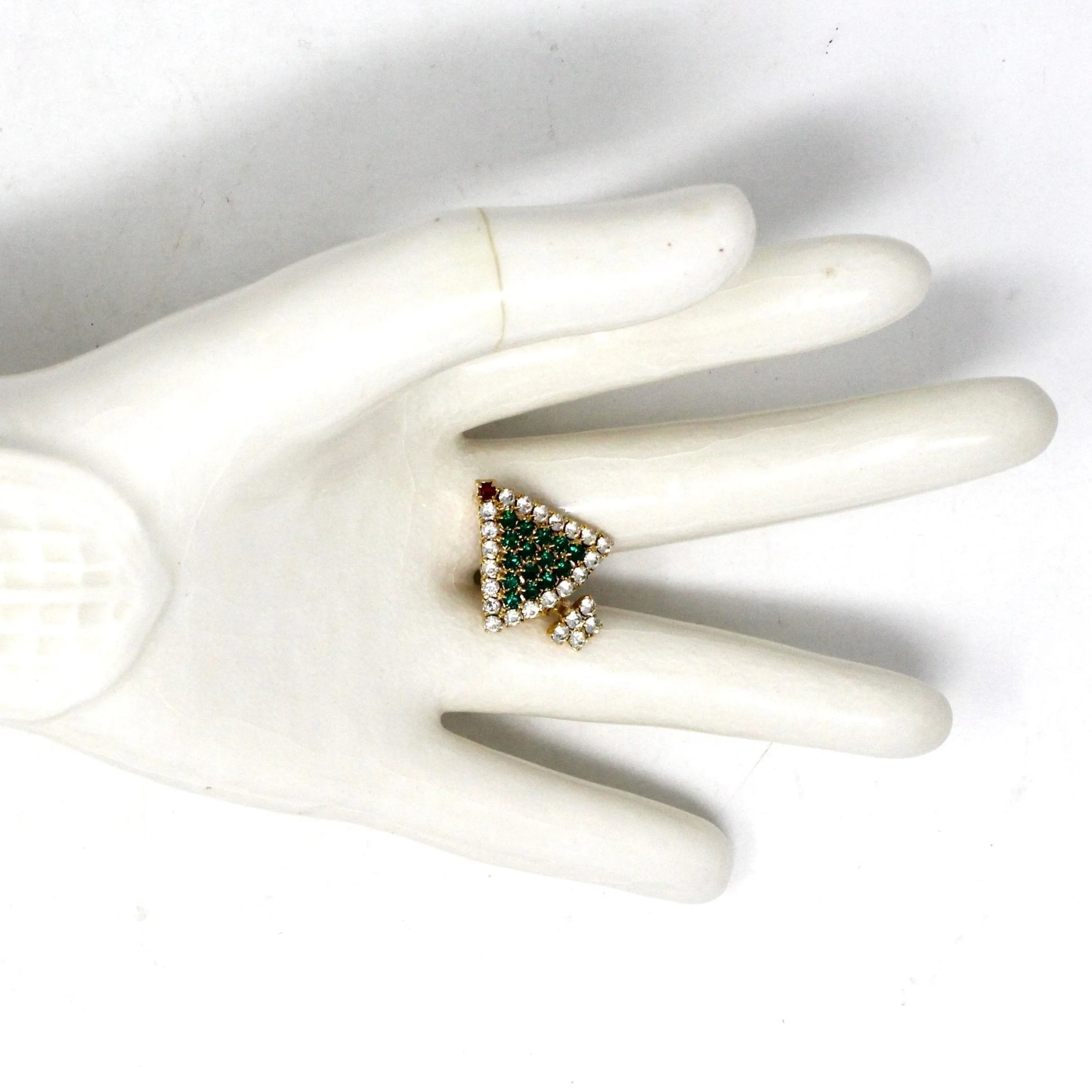 Brooch / Pin, Christmas Tree, Green, Red & Clear Rhinestones, Vintage