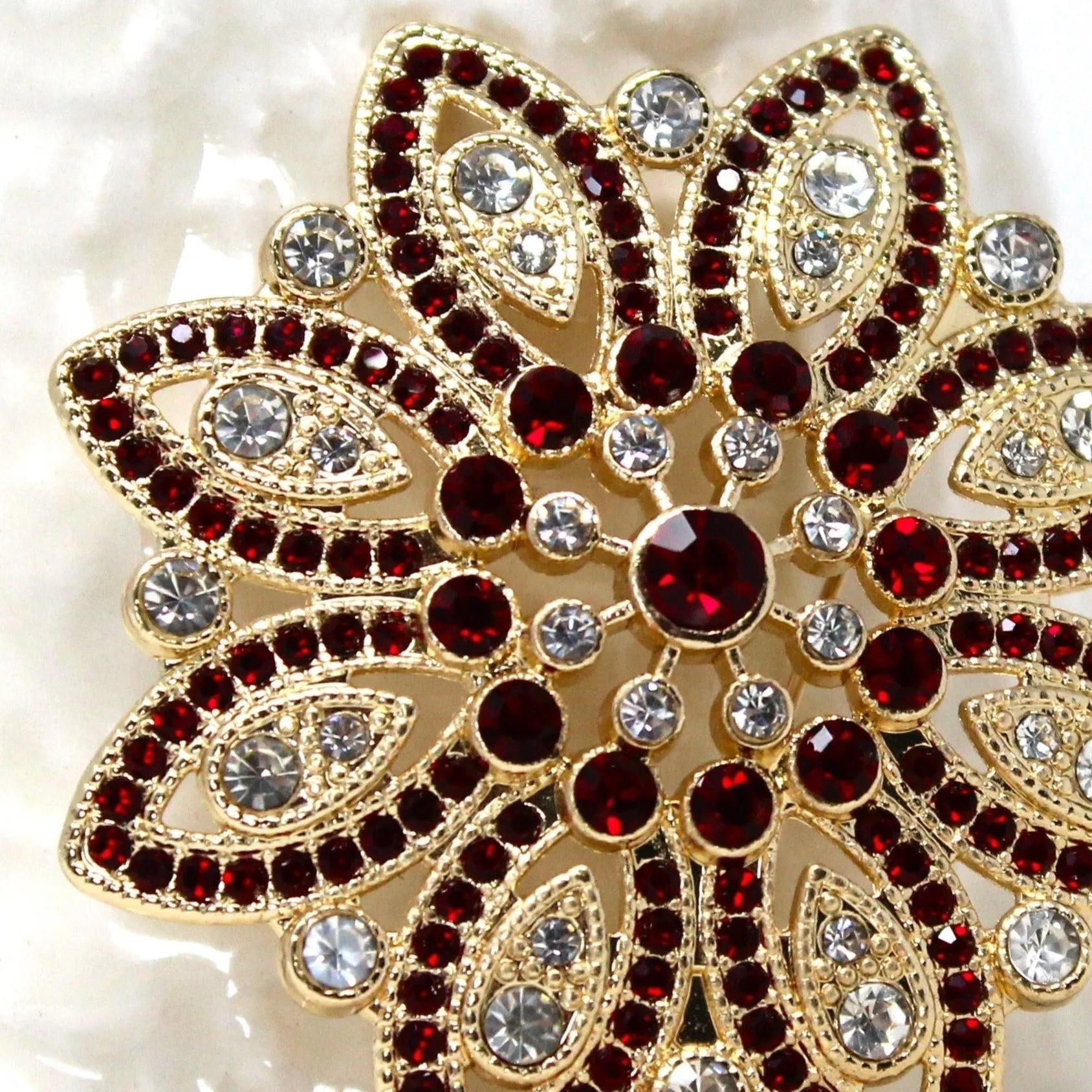 Brooch / Pin, Monet, Christmas Poinsettia Flower, Red & Clear Rhinestones, SOLD