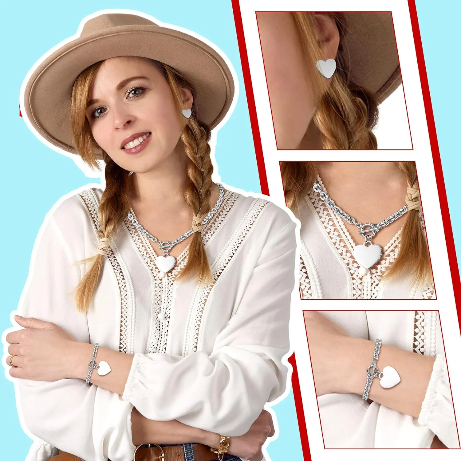 Bucherry 3 Pcs Heart Jewelry Set Heart Pendant Chain Toggle Necklace with Bracelet Earrings Stainless Steel Link Chain for Women Christmas Valentine's Day Gift