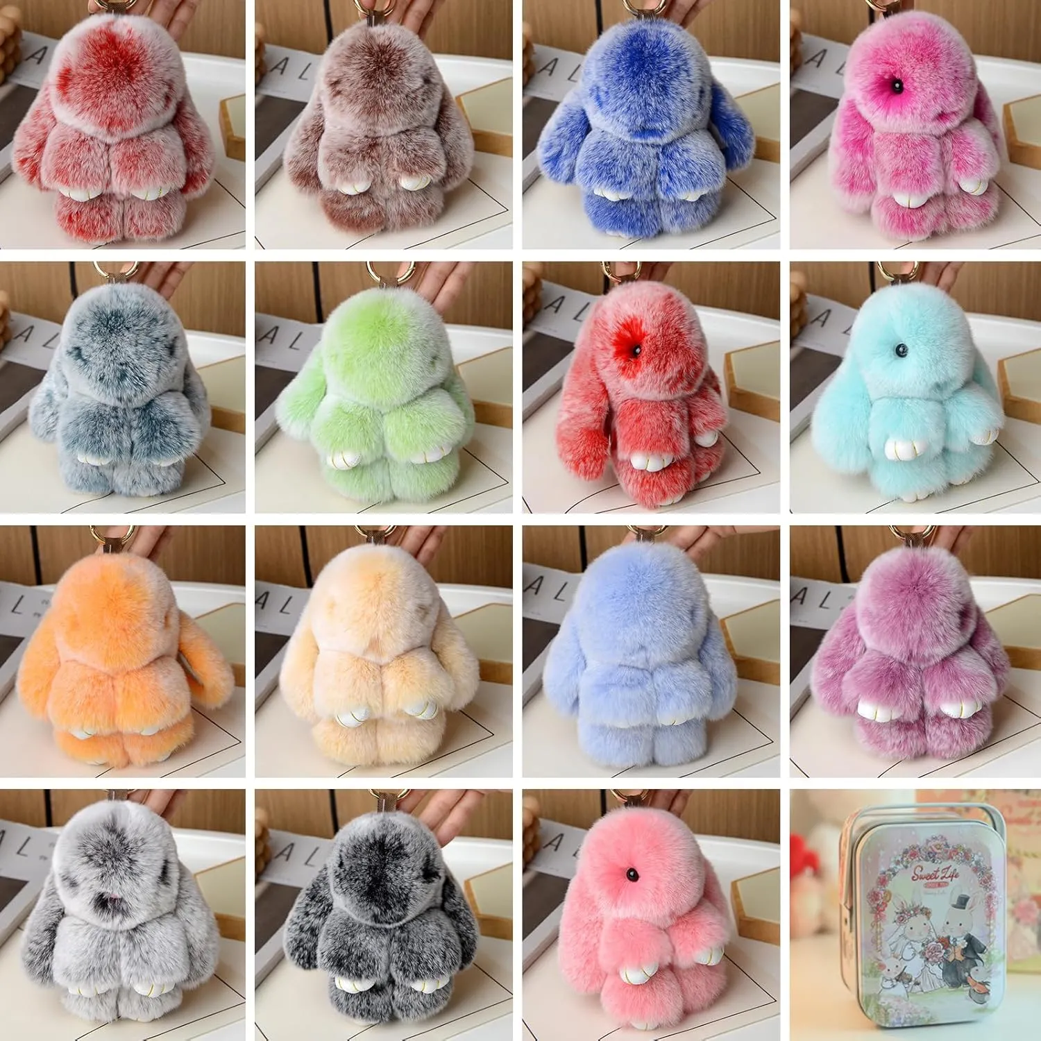 Bunny Lulu Keychain with Tin Adorable Soft Bunny Pompom Charm for Girls & Women