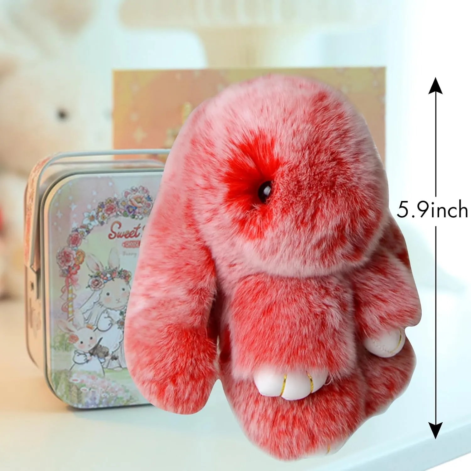 Bunny Lulu Keychain with Tin Adorable Soft Bunny Pompom Charm for Girls & Women