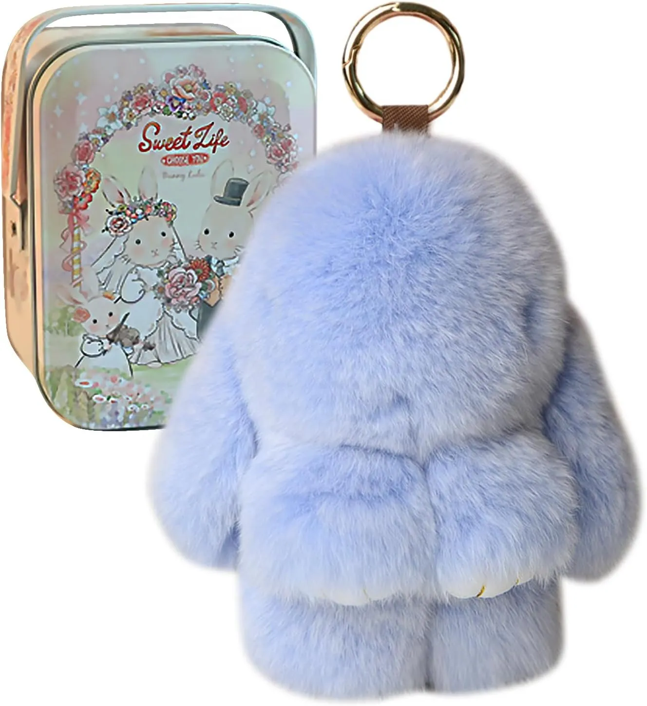 Bunny Lulu Keychain with Tin Adorable Soft Bunny Pompom Charm for Girls & Women
