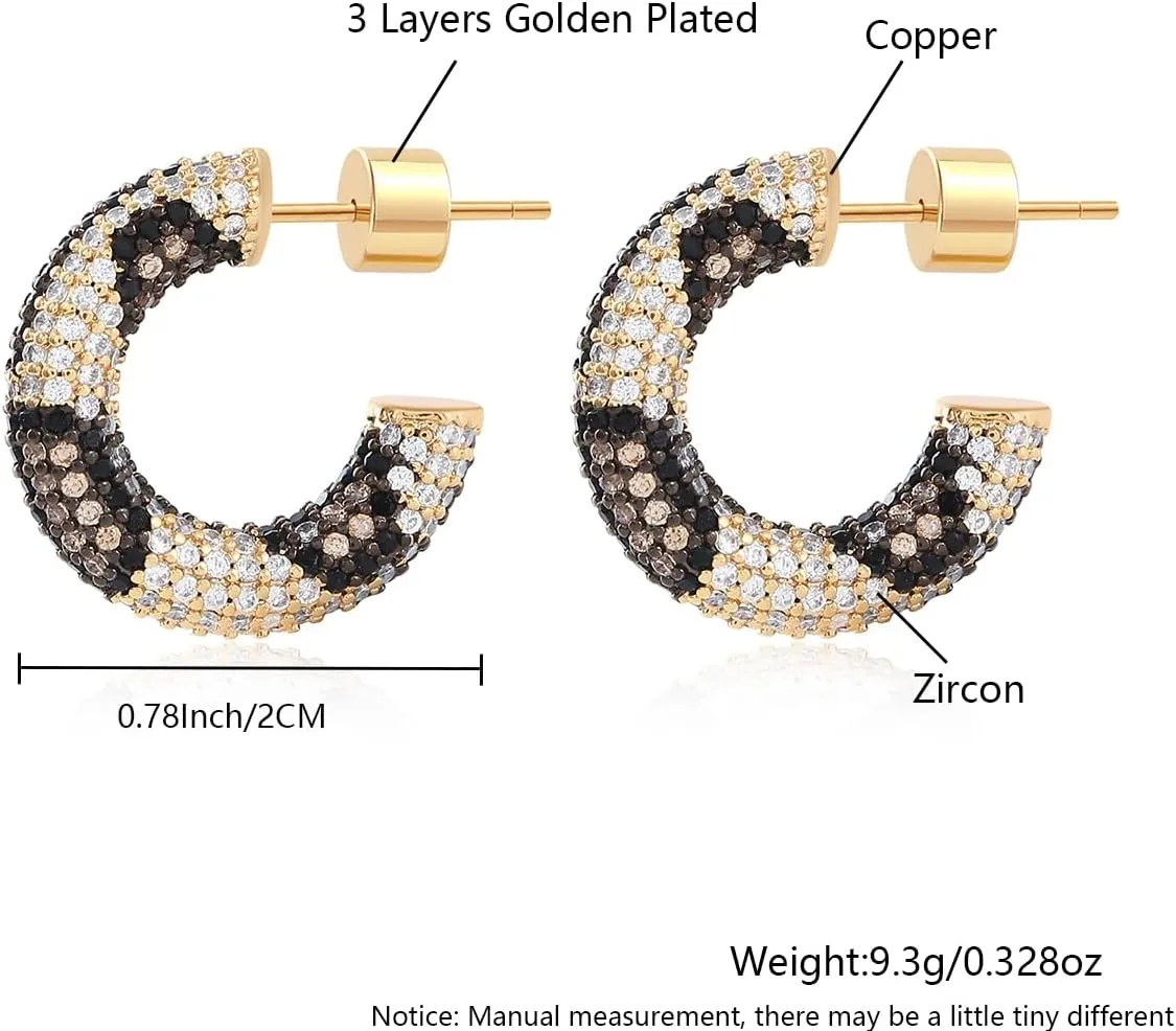C-Shape Stud Earrings 18K Gold Plated Chunky Open Hoop Earrings for Women Cubic Zirconia Sparkly Birthday Jewelry