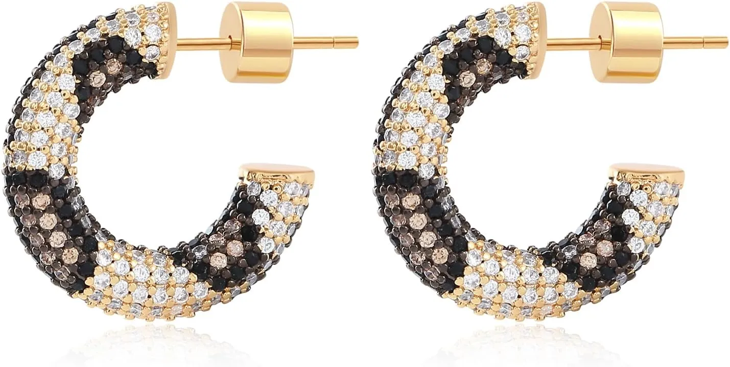 C-Shape Stud Earrings 18K Gold Plated Chunky Open Hoop Earrings for Women Cubic Zirconia Sparkly Birthday Jewelry