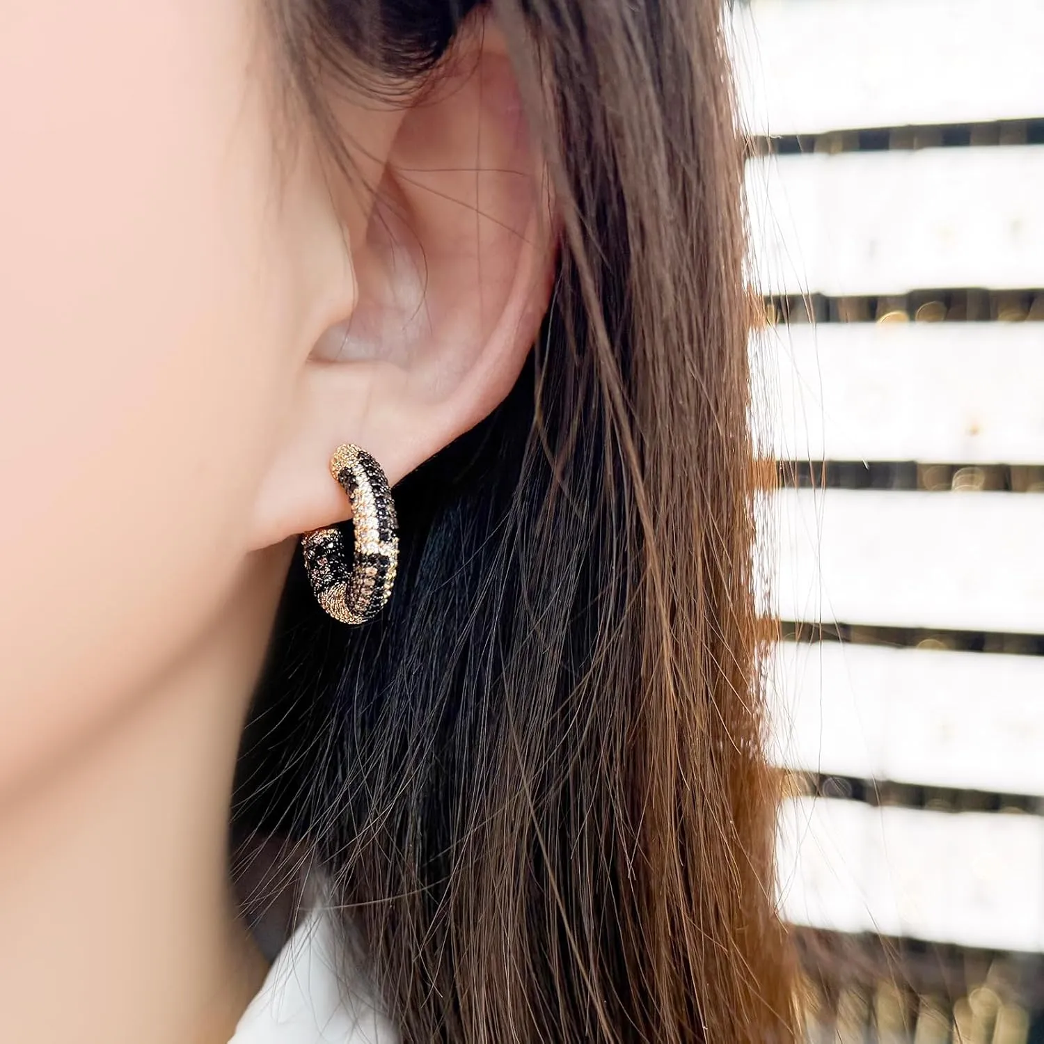 C-Shape Stud Earrings 18K Gold Plated Chunky Open Hoop Earrings for Women Cubic Zirconia Sparkly Birthday Jewelry