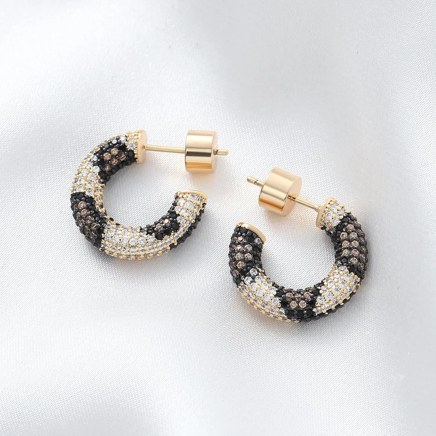 C-Shape Stud Earrings 18K Gold Plated Chunky Open Hoop Earrings for Women Cubic Zirconia Sparkly Birthday Jewelry
