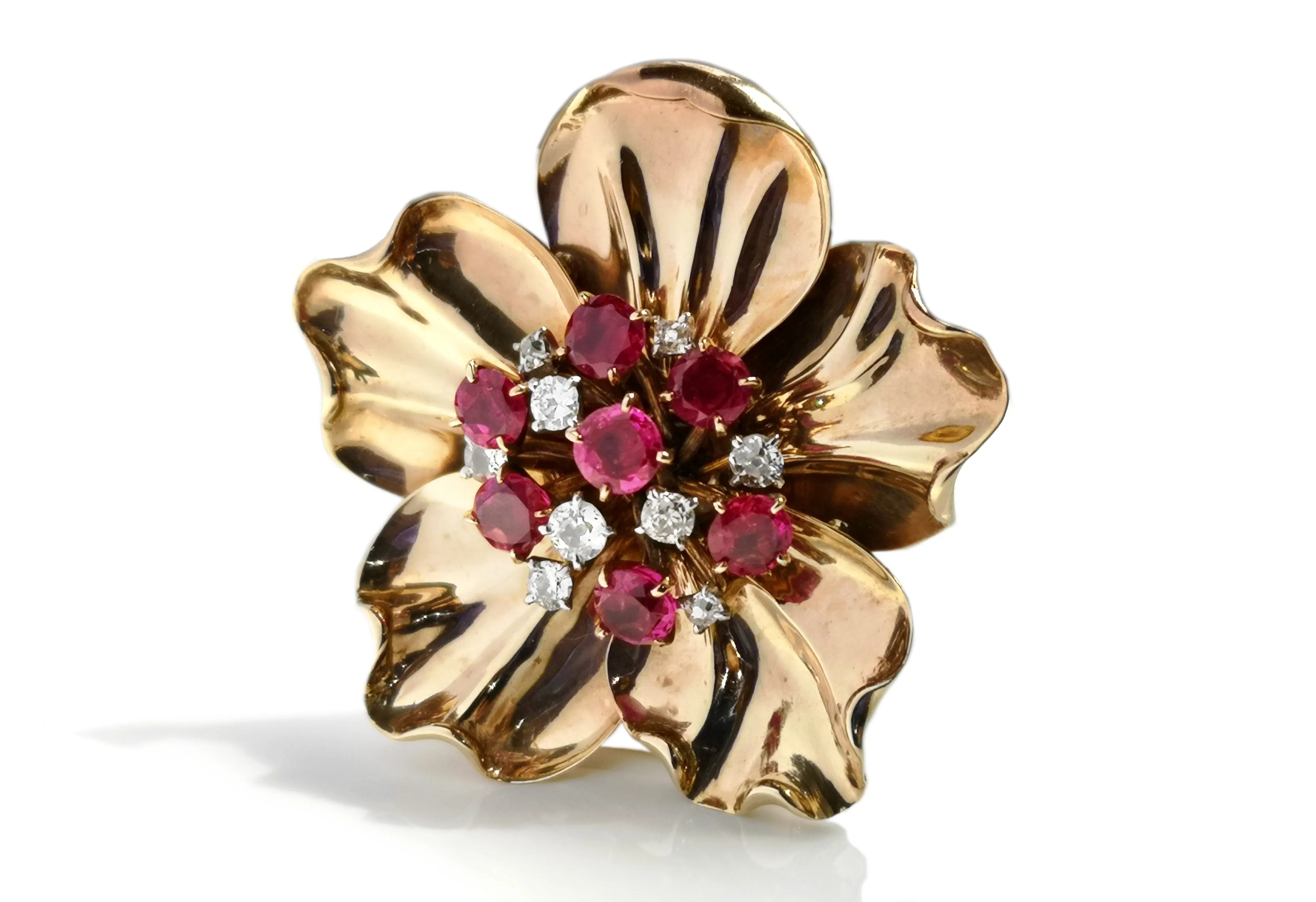 Cartier 1950s 2.5ct Burmese Ruby .50ct Old Cut Diamond Flower Brooch