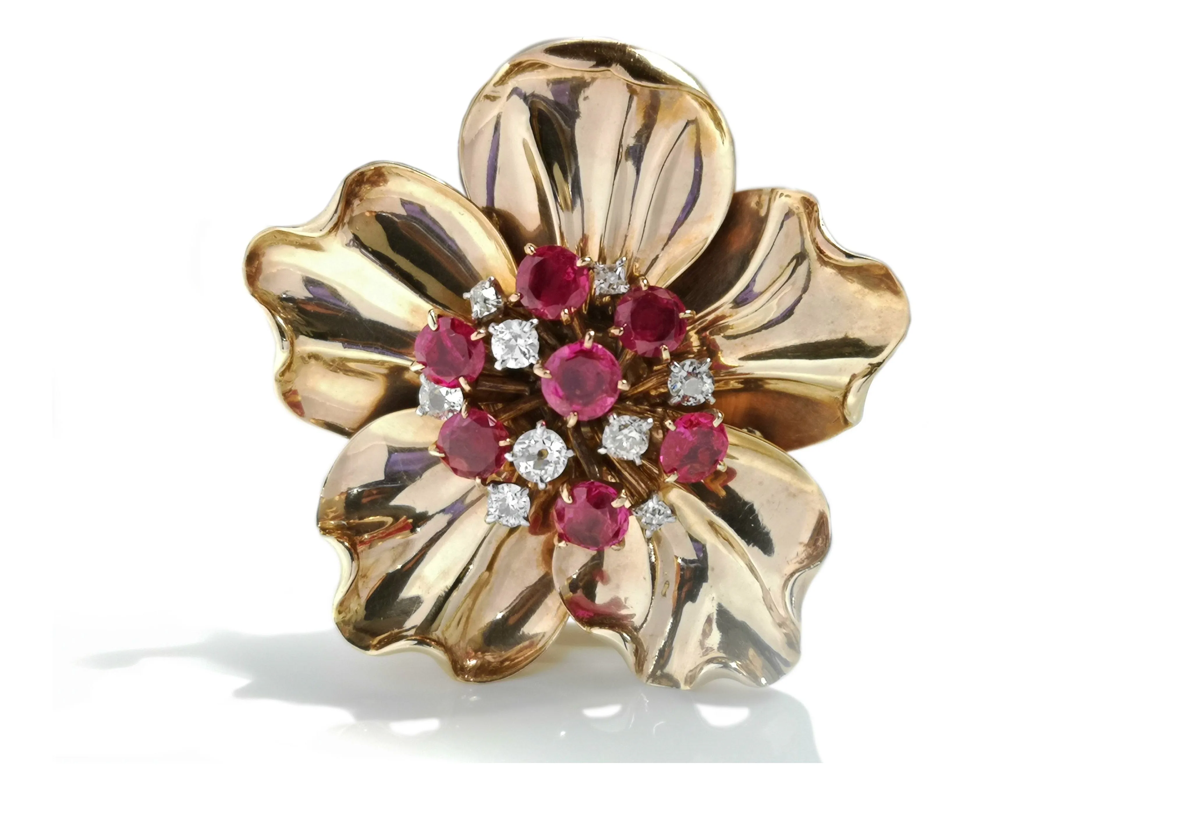 Cartier 1950s 2.5ct Burmese Ruby .50ct Old Cut Diamond Flower Brooch