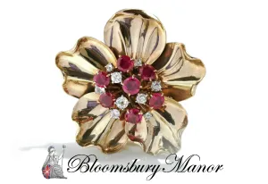 Cartier 1950s 2.5ct Burmese Ruby .50ct Old Cut Diamond Flower Brooch